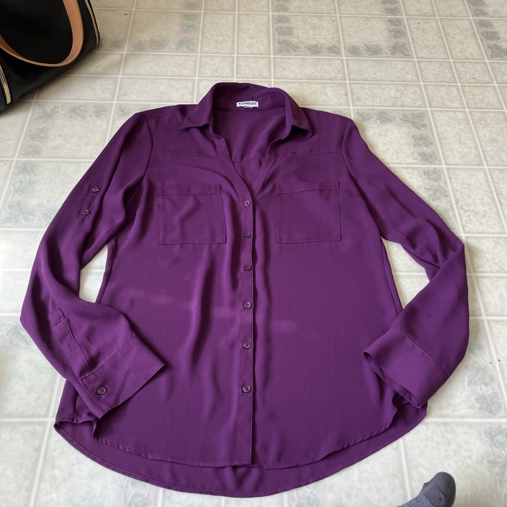Express Blouse Womens Size Small Purple Long Sleeve Roll Tab Classic Old Money